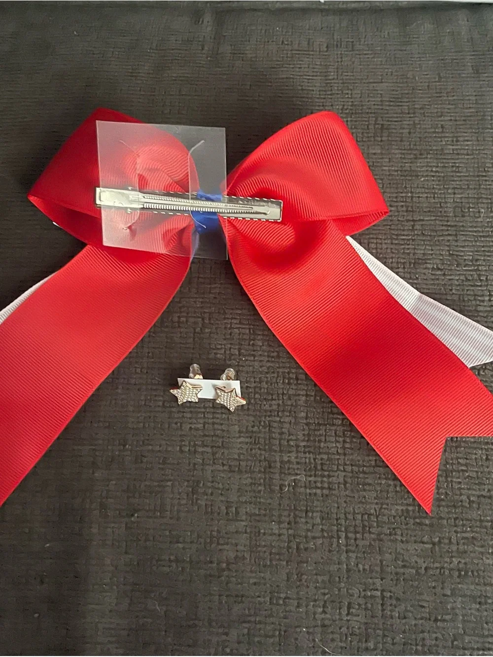 Patriotic Star Ribbon Hair Bow with Rhinestone Star Studs